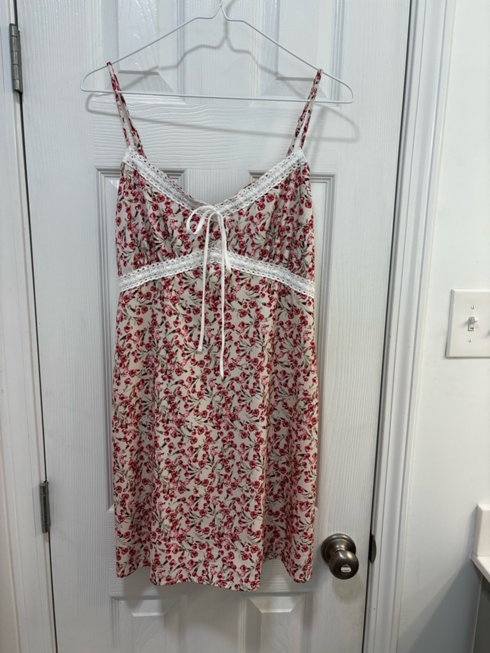Forever 21 Cream Slip Dress with Red Floral Print and Lace Trim